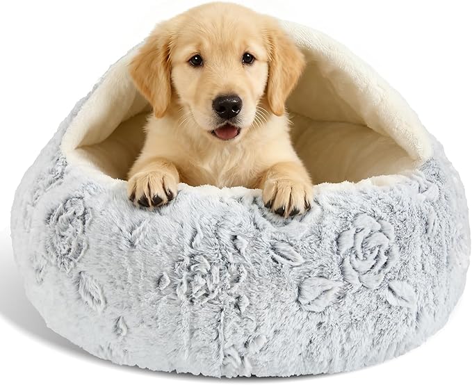 Calming Dog Beds & Cat Cave Bed with Hooded Cover,Removable Washable Round Beds for Small Medium Pets,Anti-Slip Faux Fur Fluffy Coved Bed for Improved Sleep,Fits up to 15/25 lbs(Rose,M)