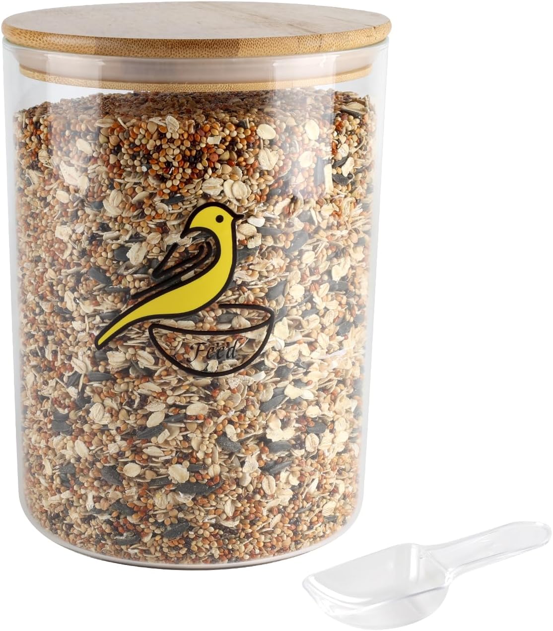 Bird Seed Storage Container,Circle Glass Bird Food Container with Airtight Wood Lid,Pet Food Storing with Birds Seed Scoop,for Wild Small Birds Food Storage,Birdfeed,Nuts(Clear)