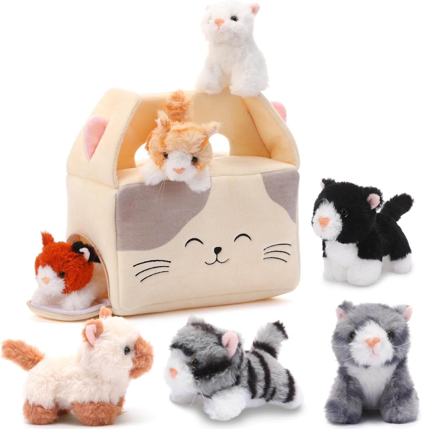 8 Pcs Cat Stuffed Animal Set Plush House with 7 Soft Stuffed Animal Plush Toy for Kids Christmas Birthday Halloween Pet Gift Party Favors Goodie Bags Stuffers