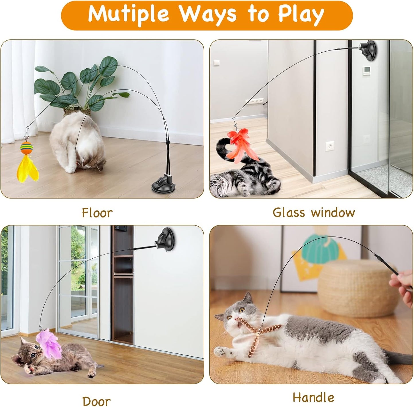 Cat Toys Wand, Interactive Cat Toy with Super Suction Cup Sticky Detachable 12 PCS Feather Replacements 2 Wands Cat Spring Feather Toys for Indoor Cats Kitten Toys (8 Toys Double Headed)