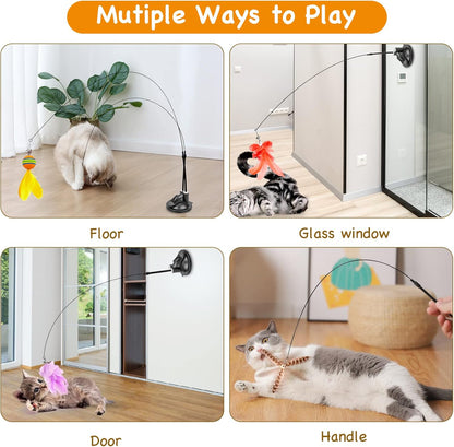 Cat Toys Wand, Interactive Cat Toy with Super Suction Cup Sticky Detachable 12 PCS Feather Replacements 2 Wands Cat Spring Feather Toys for Indoor Cats Kitten Toys (8 Toys Double Headed)
