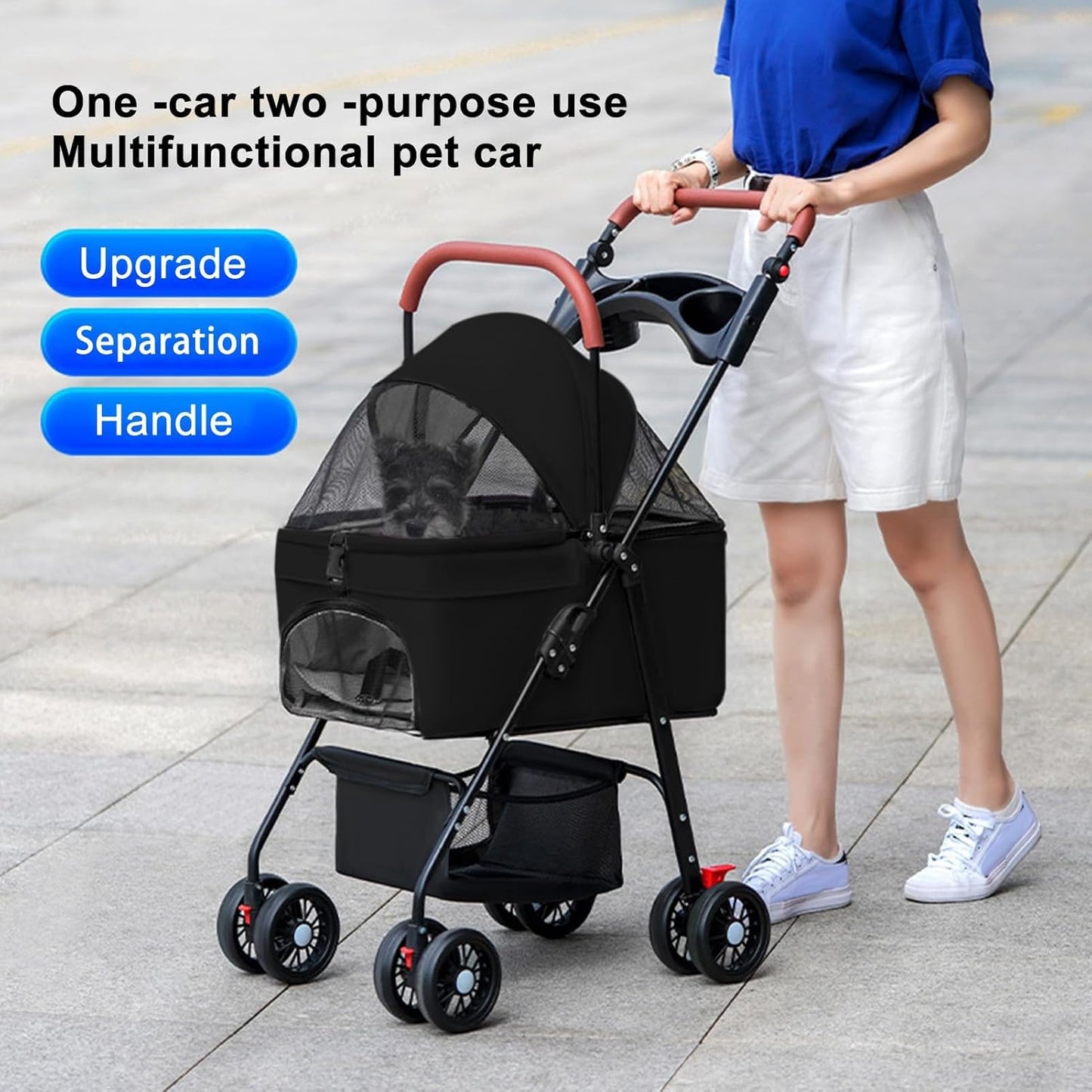 Pet Stroller Pram Dog Carrier Trailer 4 Wheels Foldable Dog with Storage Basket,Holds up to 44 lbs,Adjustable Handle,Folding Travel Stroller Suitable for Traveling with Cats and Dogs (Black)