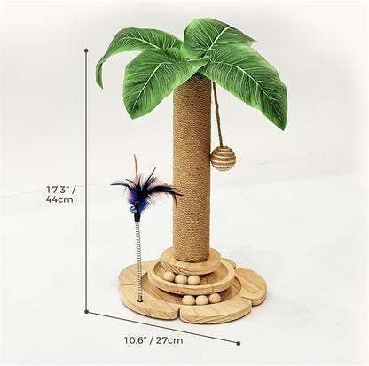 Cat Scratching Post, Cat Scratcher Toy for Indoor Cats, 17.3" Tall Scratch Post with 2-Layer Ball Tracks, Interactive Feather Toy and Sisal Hanging Ball, Banana Tree Cat Tower for Kittens