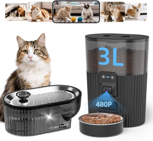 PAPIFEED Automatic Cat Feeder with Camera with 84 oz/2.5L Automatic Pet Drinking Fountain，‌Adjustable Angle 2.4G WiFi/App Pet Food Dispenser，3.5L/15 Cup Timed Dispenser with Two-Way Audio