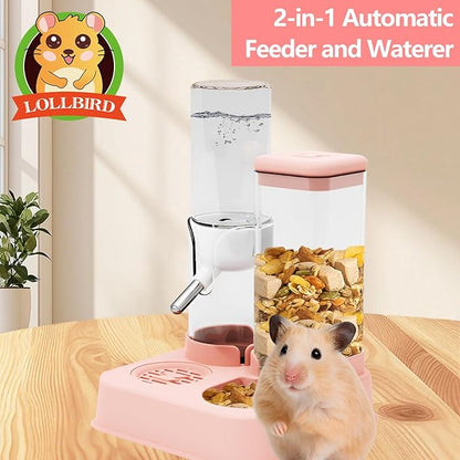 2-in-1 Hamster Water Bottle & Enhanced Food Dispenser - 35% Larger Food Capacity, Leak-Proof Design for Glass Tanks/Wire Cages Small Animal Accessories (Pink, 4.9IN+5.1IN+5.7)