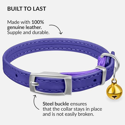 CollarDirect Leather Cat Collar with Bell - Kitten Collar, Small and Big Cat for Boy Cats, Girl Cats with Safety Elastic Strap (Neck Fit 8"-11", Purple)