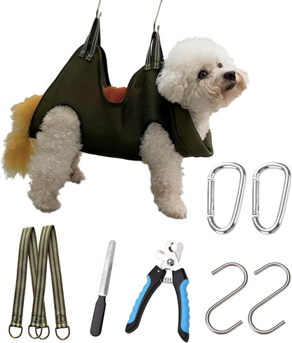 10 in 1 Dog Grooming Hammock Harness with Clippers/Trimmer, Dog Nail Hammock, Grooming Sling Holder Hanger Restraint for Nail Trimming/Clipping (S/Under 30lb, Khaki Green)