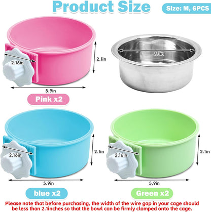 kathson Crate Dog Bowl, Removable Stainless Steel Hanging Pet Cage Bowl Food & Water Feeder Coop Cup for Cat, Puppy, Birds, Rats, Guinea Pigs (6 PCS, Size: M, 2×Blue,2×Green,2×Pink)