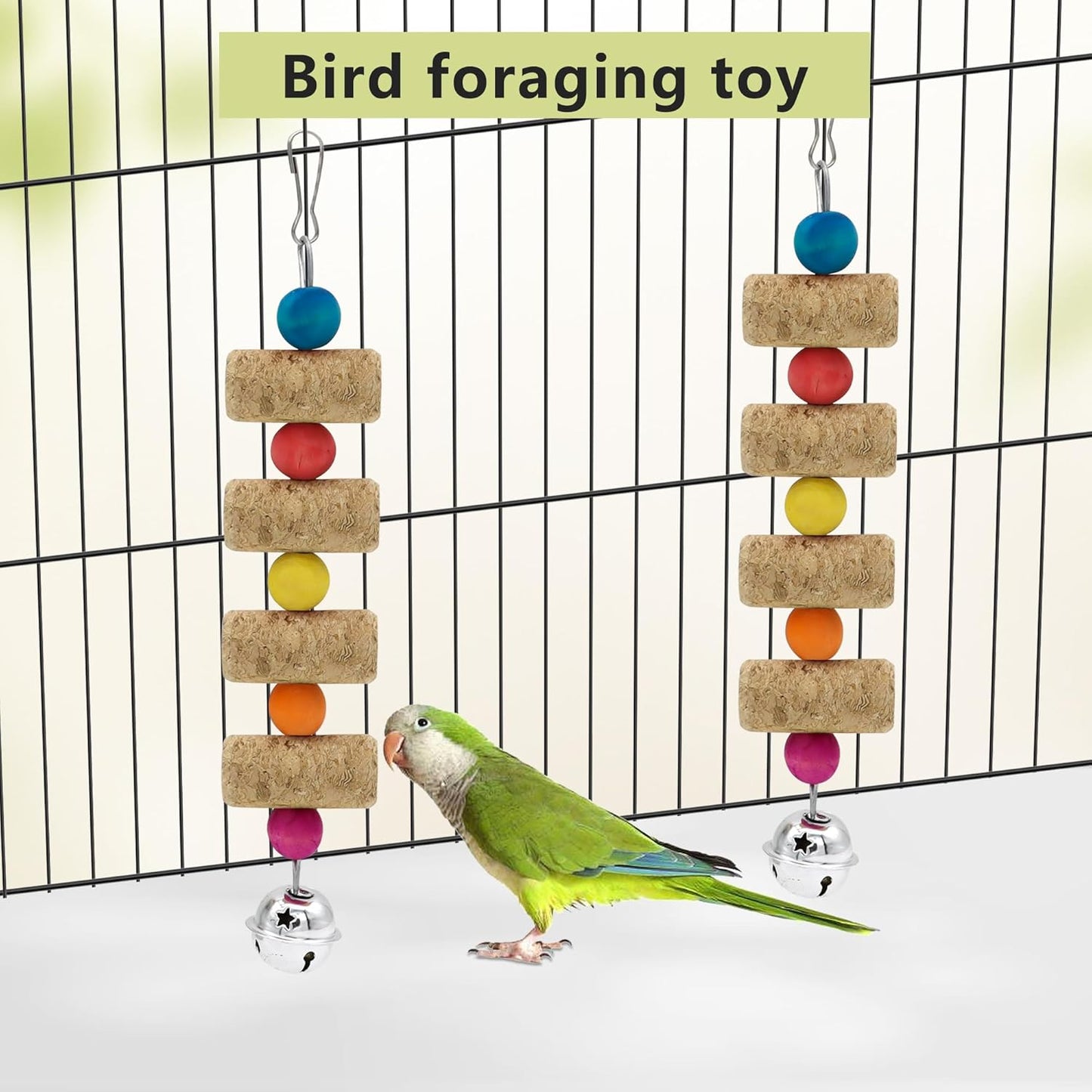 4Pcs Bird Chewing Toy, Parrot Cork Gnawing Skewers With Bell, Hanging Colorful Wooden Bead Cockatiels Beak Trimming for Birdcage (Four Packs-Bell Parrot Toy)