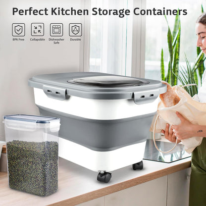 Rice Storage Containers, Collapsible 20 to 30Lbs Food Storage Bin Dispenser with Rolling Wheel and Clear Airtight Lid, BPA Free Flour, Sugar, Cereal and Dog Cat Pet food Containers