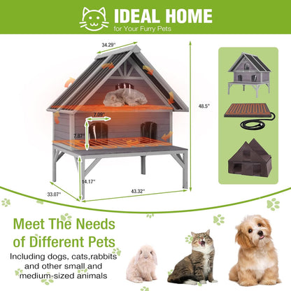 GUTINNEEN Heated Cat House 2-Level Large Outdoor Cat House Insulated Weatherproof Feral Cat Shelter with 2 Heating Pads, Insulated All-Round Thermal Liner, Large Porch, 3 Escape Doors for 1-6 Cats