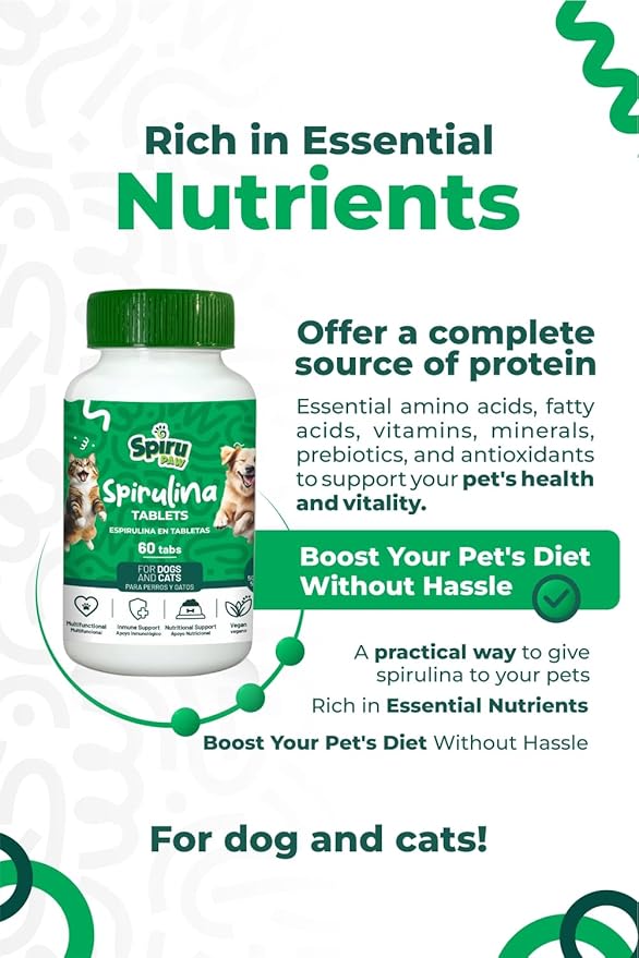 Spirulina-Based Tablets for Pets Produced in The Atacama Dessert - Natural Supplement Nutrient-Rich, Essential Amino Acids & Prebiotics - 60 Count