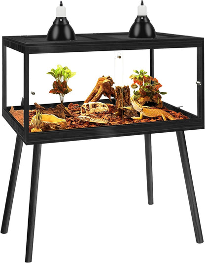 Prolee Bearded Dragon Tank with Leg Stand,Wooden Lizard Tank,Reptile Tank with Metal Mesh Roof Door, Acrylic Panel Snake Tank with Lock Design (Black, 32"x16"x16")