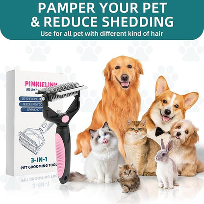 3-IN-1 Pet Grooming Tool - Undercoat Rake, Dematting Comb & Deshedding Brush for Cats & Dogs - Removes Mats, Tangles & Loose Fur, Reduces Shedding & Prevents Hair Mess (Pink)