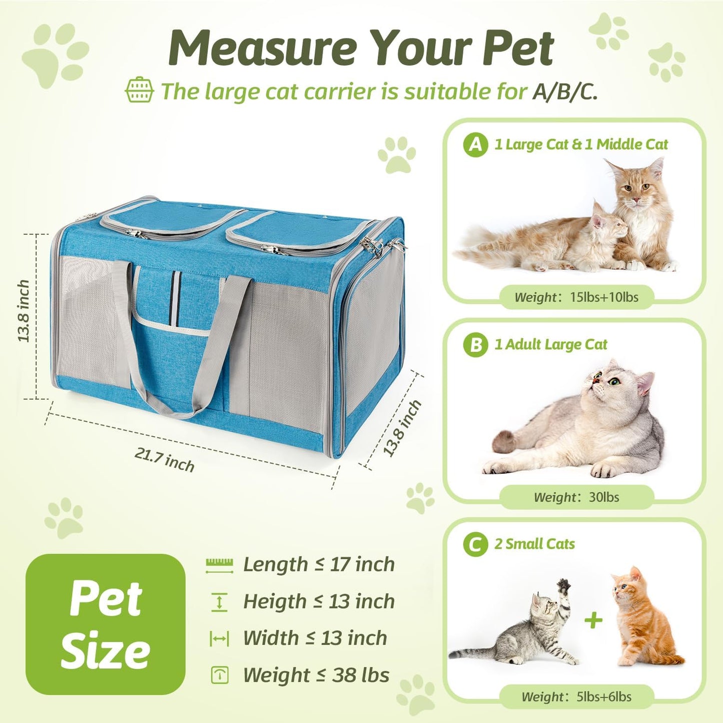 Large Cat Carrier for 2 Cats, 21.7x 13.8x 13.8in Pet Carrier for Cat and Dog Up to 38lbs, All-Sided Mesh Cat Carrier with Great Ventilation, Portable Soft Sided Pet Carrier for Traveling(Blue)