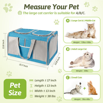 Large Cat Carrier for 2 Cats, 21.7x 13.8x 13.8in Pet Carrier for Cat and Dog Up to 38lbs, All-Sided Mesh Cat Carrier with Great Ventilation, Portable Soft Sided Pet Carrier for Traveling(Blue)