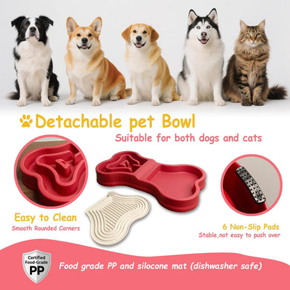 Bone Slow Feeder Bowl for Dogs Cats - 2-in-1 Lick Mat & Water Dish with 6 Non-Slip Pads, Food-Grade PP & Silicone Pet Bowl for Anti-Choking，Fun Feeding，Anxiety Relief (Red)
