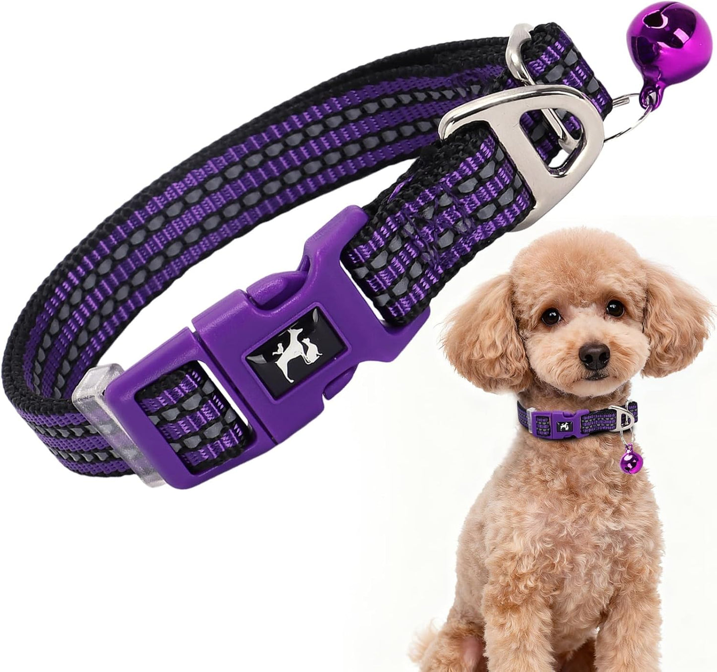 Small Dog Collar with Bell - Cute Reflective Puppy Collar Gift for Girl, Adjustable Nylon Collar for Chihuahua Pomeranian Nighttime Safety (Purple S)