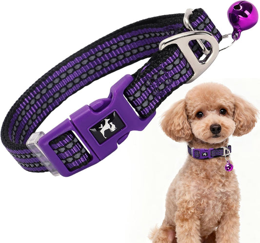 Reflective Dog Collar with Bell - Adjustable Nylon Puppy Collar for Small Dogs, Chihuahua Pomeranian - Night Safety (Purple XS)