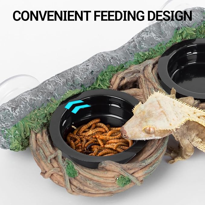 REPTI ZOO Dual Gecko Feeder Ledge, Reptile Hollow Vine Food Feeding for Bearded Dragon Lizard Snake Turtle, Reptile Water Feeding with 4 PCS Bowl, Reptile Dish Terrarium Tank Decor Accessories