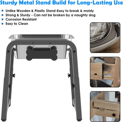 1.2 Gallon Elevated Dog Water Bowl, Height Adjustable (11–17'') Raised Stainless Steel Bowl with Spill-Proof Mat & Sturdy Metal Stand, Tip-Proof, Easy to Clean, Indoor & Outdoor Use