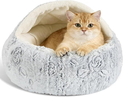 Calming Dog Beds & Cat Cave Bed with Hooded Cover,Removable Washable Round Beds for Small Medium Pets,Anti-Slip Faux Fur Fluffy Coved Bed for Improved Sleep,Fits up to 15/25 lbs(Rose,S)
