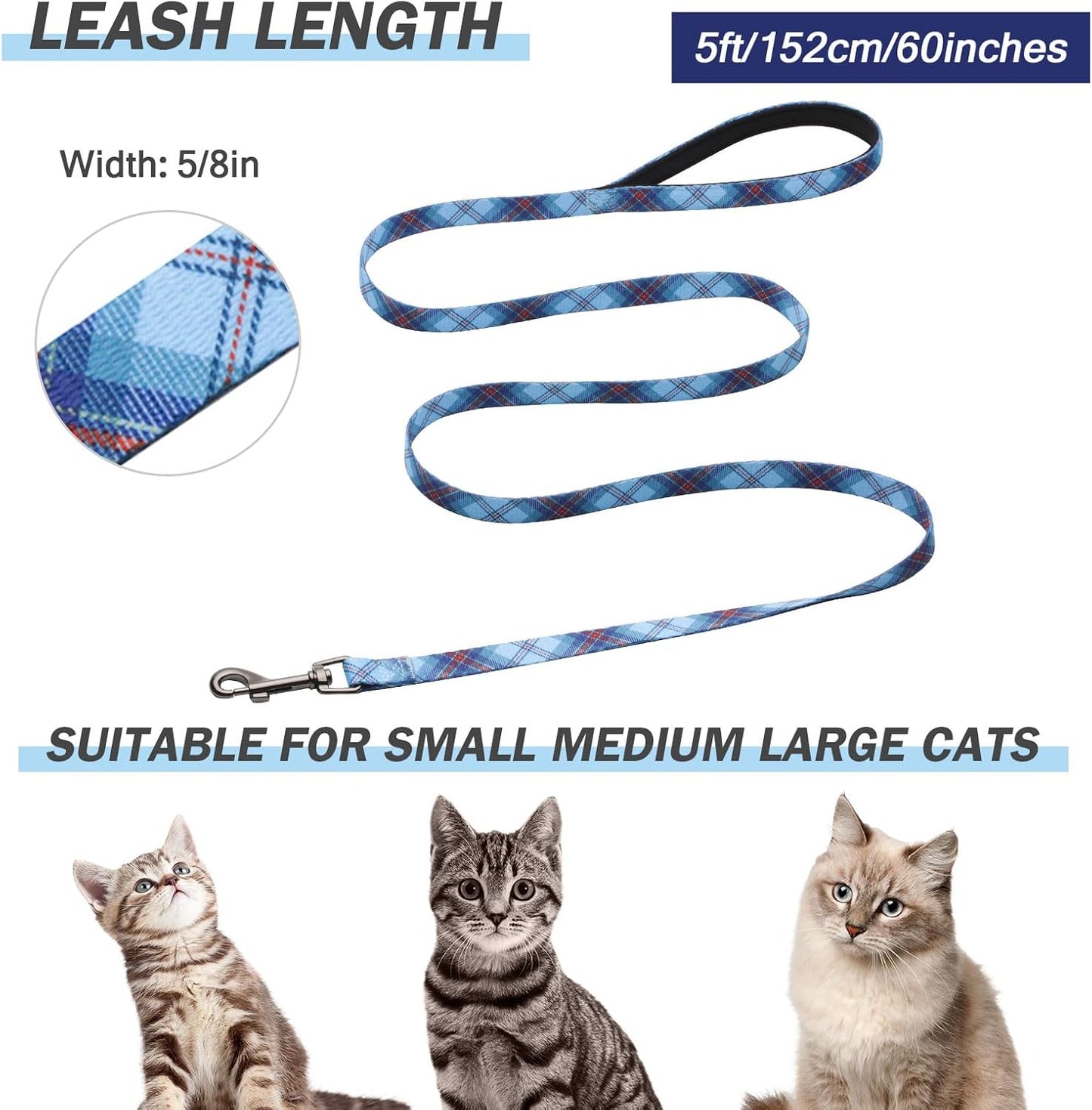 Hikiko Cat Harness and Leash Set Escape Proof Adjustable Walking Travel Soft Boy Kitten Harness for Small Medium Large Cats (Blue Plaid, S)