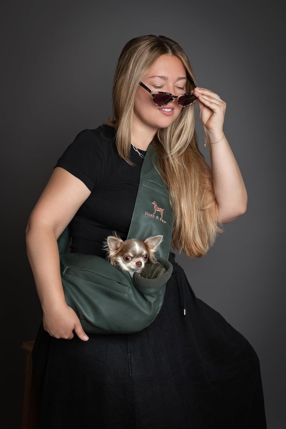 Noah & Paw Dog Sling Carrier for Small Dogs 3-10lb, Dog Sling for Small Dogs and Cats, Dog Carrier with Adjustable Padded Strap, Vegan Denim Lined with Fur, 3X Safety Features, Machine Washable