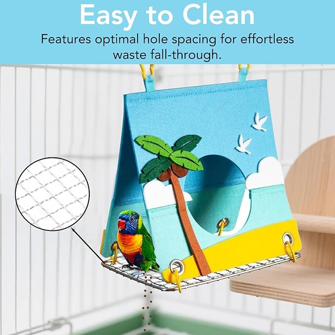 Felt Bird Bed for Cage with 304 Stainless Steel Grid - Large Size (9.4"x6.3"x8.3") - Hanging Hammock Swing Bird Tents for Parakeets, Budgies, Conures -Seaside