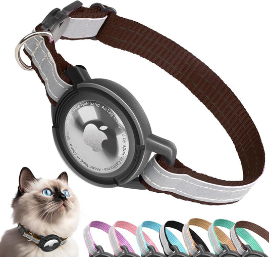 Airtag Cat Collar Breakaway, Odokele Reflective Cats Collars with Apple Air Tag Holder for Kitten, Cat GPS Tracker Adjustable Collars with Safety Quick Release Buckle for Kitties and Puppies - Coffee