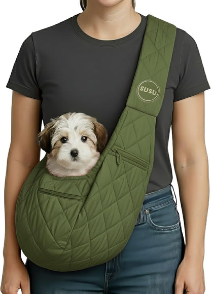 Small Dog Carrier Sling – Olive Green Hands‑Free 2‑in‑1 Sling & Handheld Carrier for Toy Dogs 3-8 lb, Parachute‑Grade Rip‑Stop Nylon, 4″ Padded Strap, Safety Tether & Two Pockets
