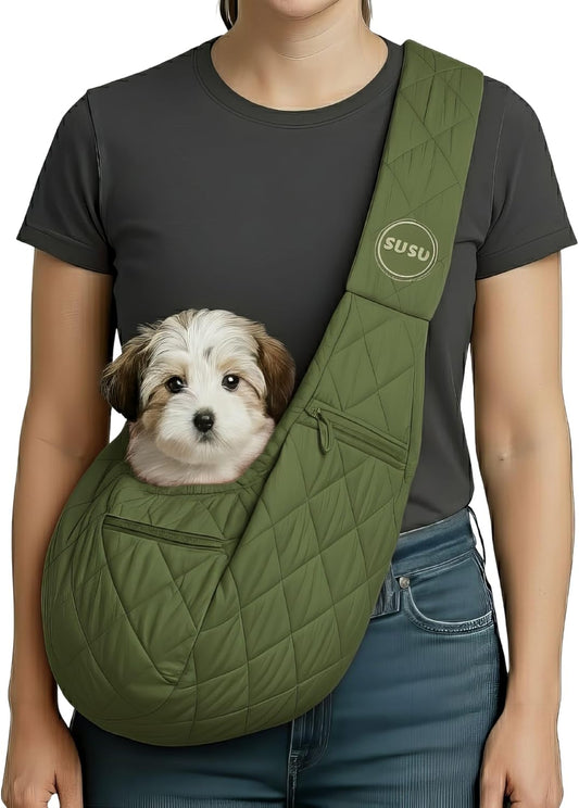 Small Dog Carrier Sling – Olive Green Hands‑Free 2‑in‑1 Sling & Handheld Carrier for Toy Dogs 3-8 lb, Parachute‑Grade Rip‑Stop Nylon, 4″ Padded Strap, Safety Tether & Two Pockets