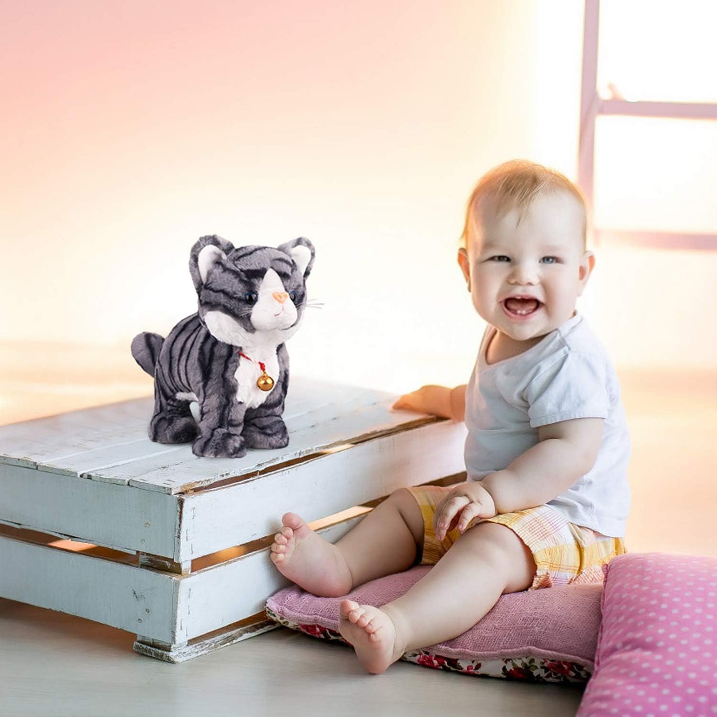 Pattern Gray Robot Cat Plush Cat Stuffed Animal Interactive Cat, Meow Kitten Touch Control, Electronic Cat Pet, Robotic Cat Cat Kitty Toy, Animated Toy Cats for Girls Baby Kids L:12"