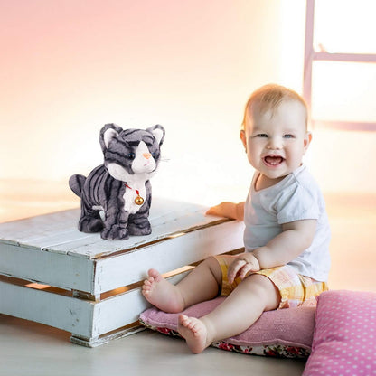 Pattern Gray Robot Cat Plush Cat Stuffed Animal Interactive Cat, Meow Kitten Touch Control, Electronic Cat Pet, Robotic Cat Cat Kitty Toy, Animated Toy Cats for Girls Baby Kids L:12"