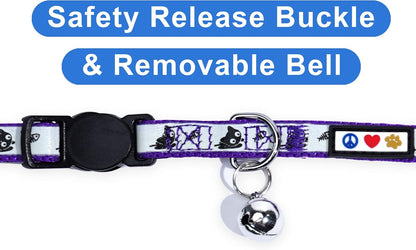 Pawtitas Pet Glow In The Dark Cat Collar with Safety Buckle and Bell Purple Lucky