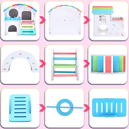 Skylety 3 Pieces Fun Hamster Toys Guinea Pig Hideout Include PVC Hamster House, Rainbow Bridge, Seesaw Toy DIY Exercise Play Toys for Rats Mouse Small Animals (Large, Rainbow Color)