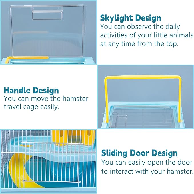 Tfwadmx Hamster Carrier, Dwarf Hamster Travel Cage, Portable Cages with Water Bottle, Gerbil Travel Carry Case Outdoor Vacation House for Small Mice(Blue,10.6”x8”x11.4”)