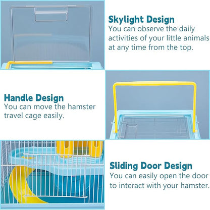 Tfwadmx Hamster Carrier, Dwarf Hamster Travel Cage, Portable Cages with Water Bottle, Gerbil Travel Carry Case Outdoor Vacation House for Small Mice(Blue,10.6”x8”x11.4”)