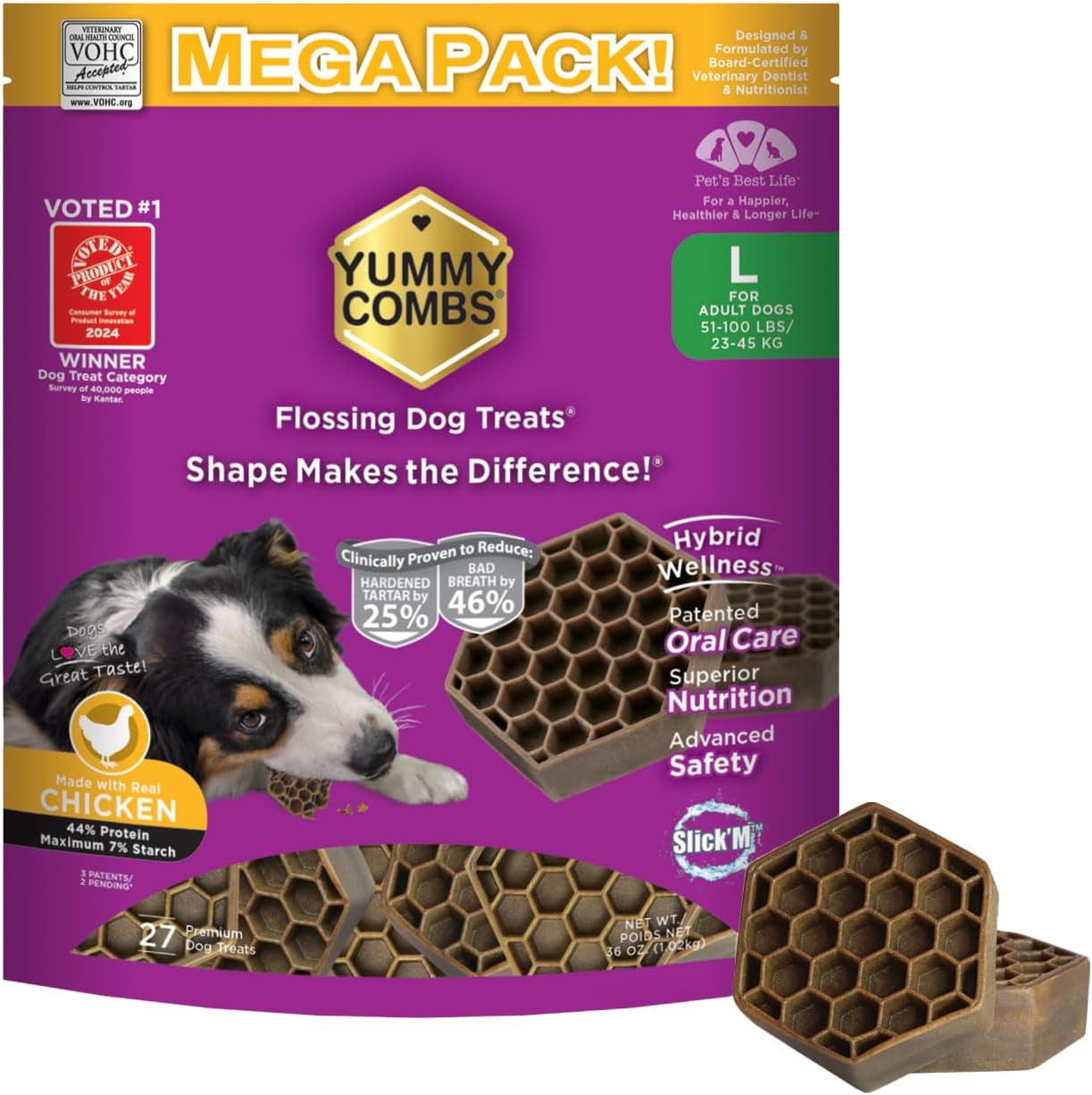 Yummy Combs Dog Dental Treats – Vet VOHC Approved – Delicious Chicken Protein – Removes Tartar with Cleaning Comb Shape – Dental Dog Treats for Large Dogs (36oz, 27 Count)