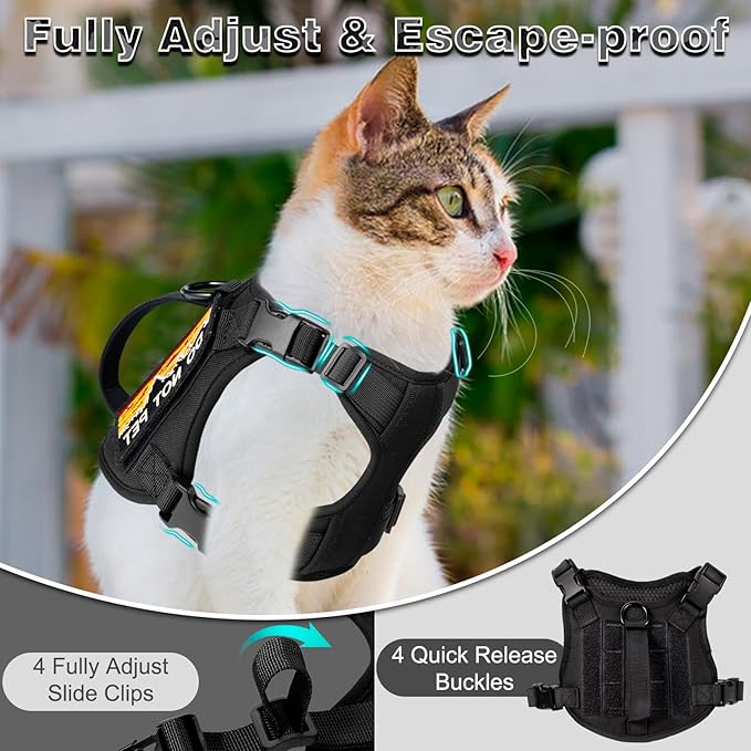 Tactical Cat Harness for Walking, Adjustable Escape Proof Pet Vest for Large Cat,Easy Control Breathable Cat Vest with Handle，Molle Patches (Black, L)