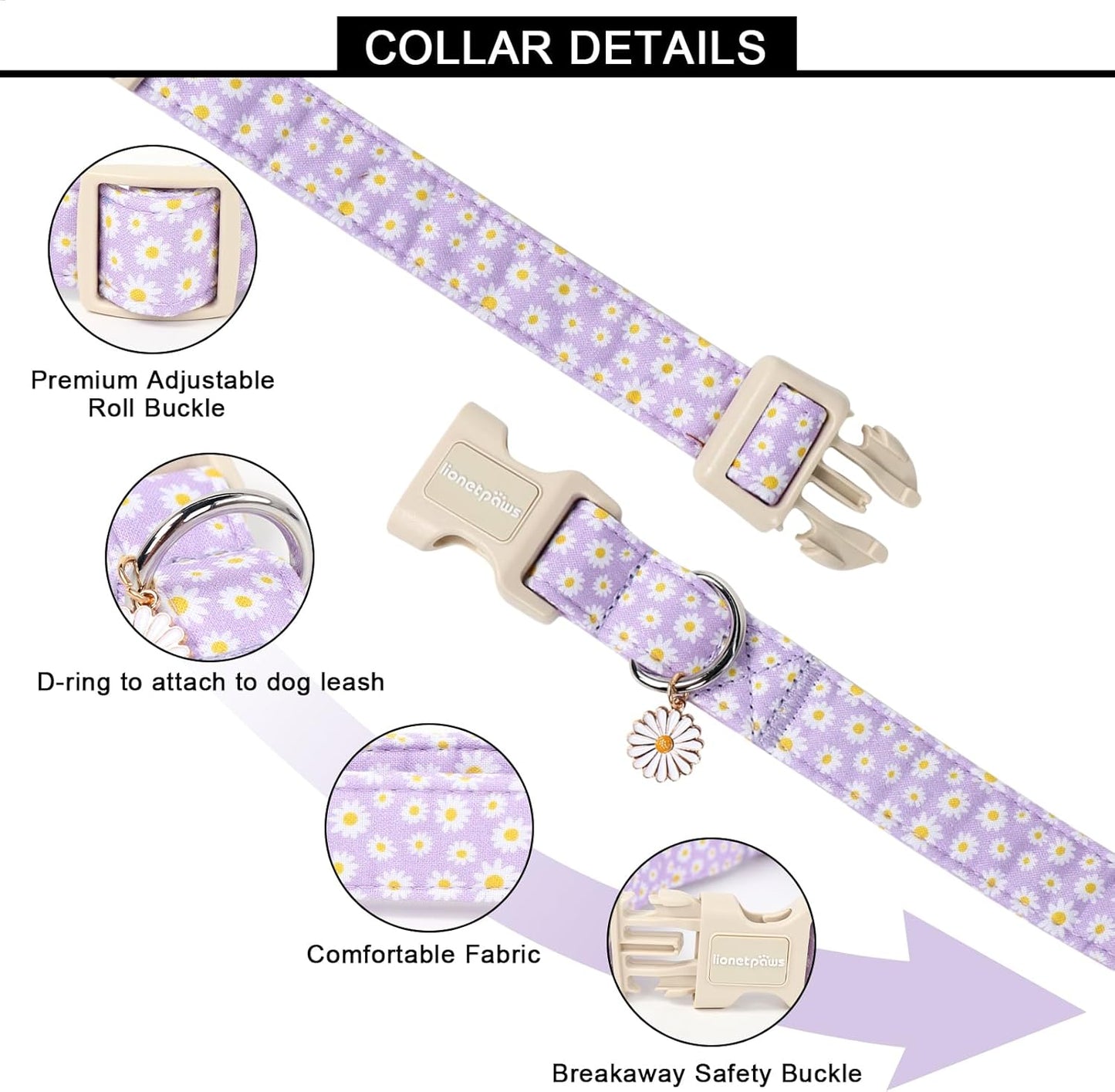 Lionet Paws Floral Dog Collar- Cute Daisy Purple Dog Collars with Plastic Buckle, Light Adjustable Dog Collars for Small Dogs