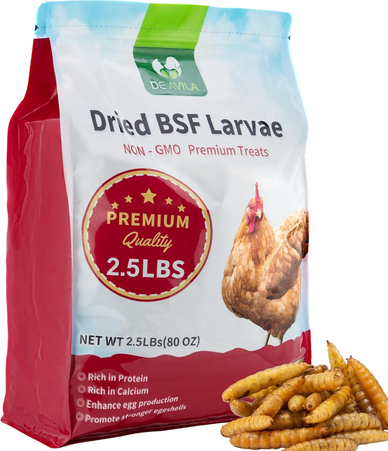 DE AVILA Dried Black Soldier Fly Larvae for Chickens Bulk, Non GMO 86X High Calcium Grubs Than Meal Worms for Laying Hens,100% Natural BSF Larvae for Chicken Wild Bird Treats 2.5LB