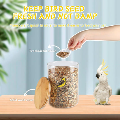 Bird Seed Storage Container,Circle Glass Bird Food Container with Airtight Wood Lid,Pet Food Storing with Birds Seed Scoop,for Wild Small Birds Food Storage,Birdfeed,Nuts(Clear)