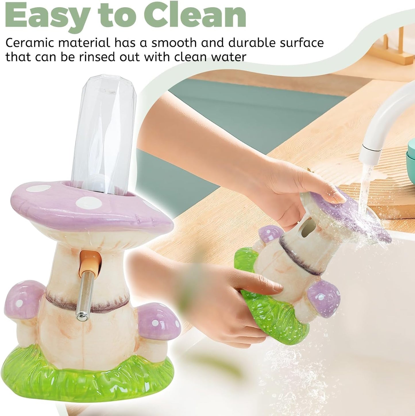 PINVNBY Mushroom Ceramic Hamster Water Bottle 80ML Automatic Gerbil Water Bottle Non Drip with Stand Vertical Hamster Water Dispenser for Guinea Pigs Gerbils Rats Mice (Purple)