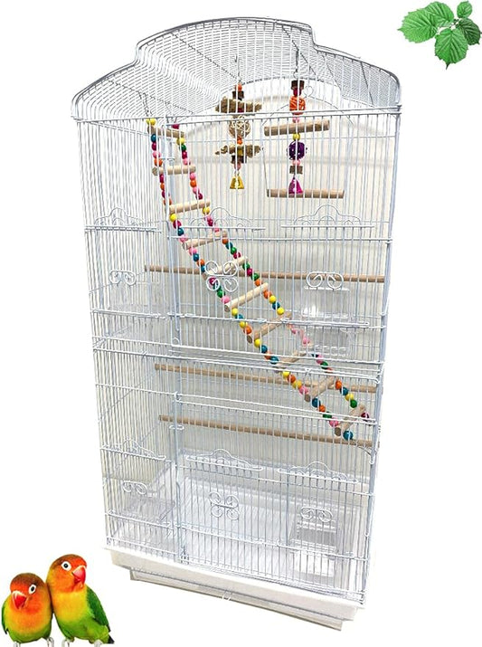 Large 36-Inch Portable Bird Flight Cage for Canary Parakeet Cockatiel Lovebird Finch Small Parrot Budgies Travel Bird Cage (White with Toy)