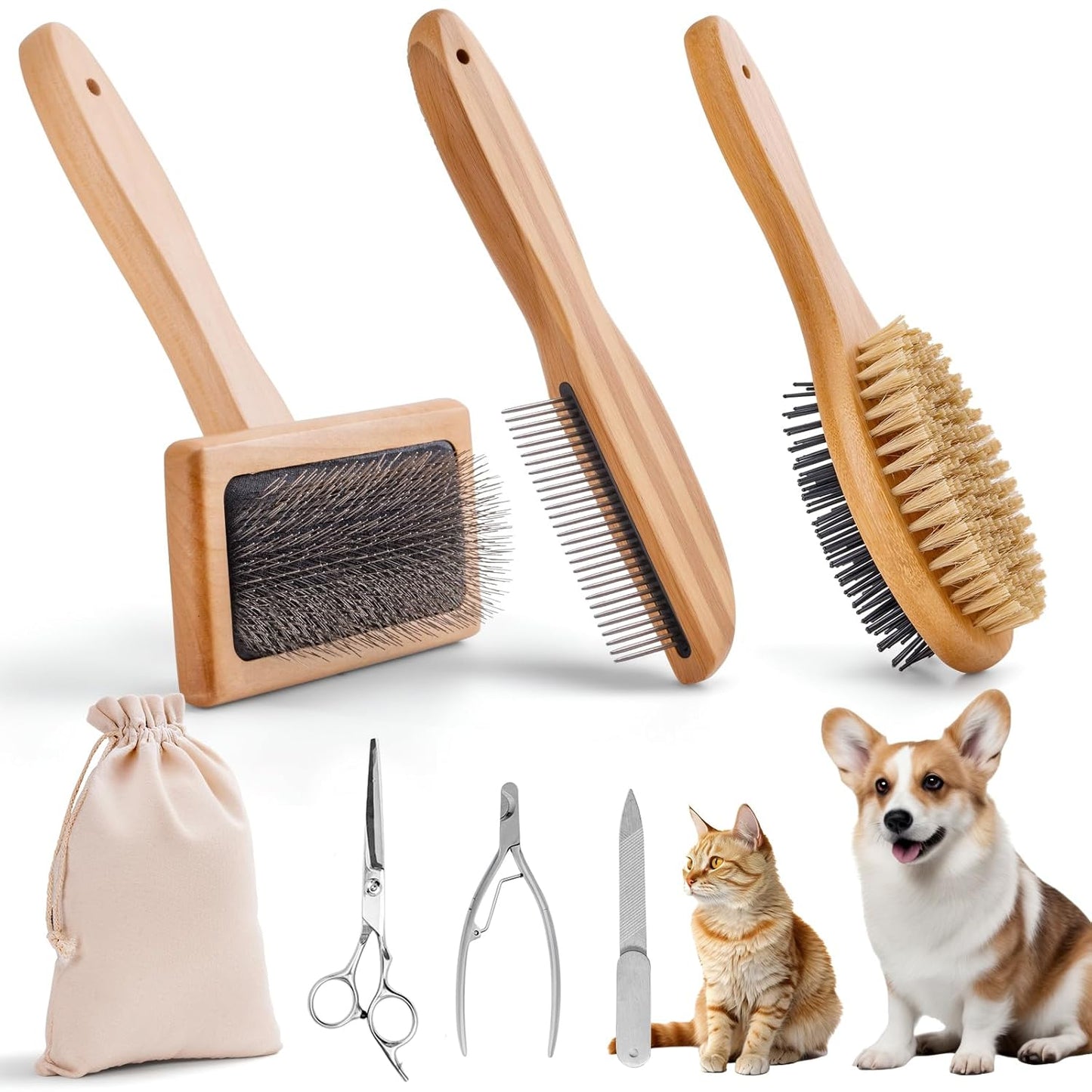 Dog Grooming Brush Kit,Deshedding Dog Brush for Shedding Short Hair Dogs with Pet Nail Clipper and File, Two Sided Pet Brushes for Dogs Removing Dirt & Loose Hair(7PCS) BLACK