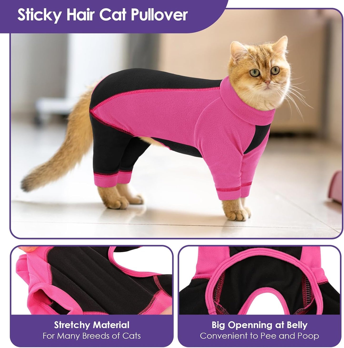 SUNFURA Hair Sticky Cat Clothes, Cat Sweater for Cats Only, 4-Legged Fleece Sweaters Kitten Pajamas Reduce Shedding Fur, Warm Pullover Shirts for Cats, Pink L