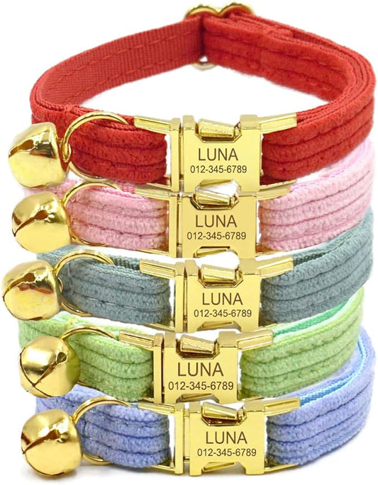 Personalized Cat Collar with Engraved Name and Phone Number - Customizable Kitten Collars for Boys and Girls (Stripe Velvet)