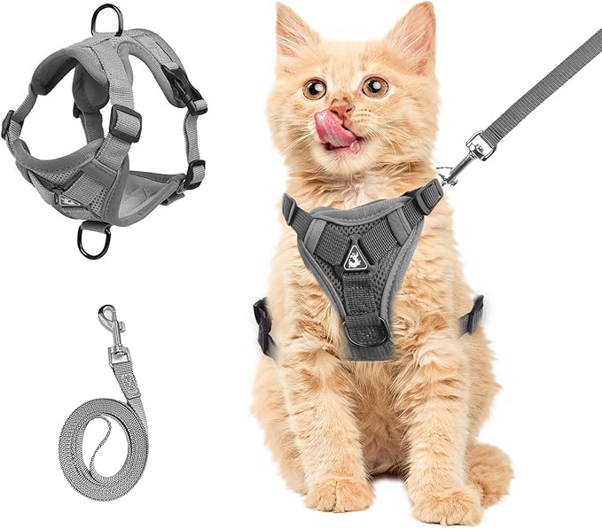 Wanheart cat Chest Harness and Leash, Anti-Escape Adjustable Soft mesh cat Leash and Chest Harness Set for All Types of Cats cat Vests (Grey, 3.3-6.6lb)