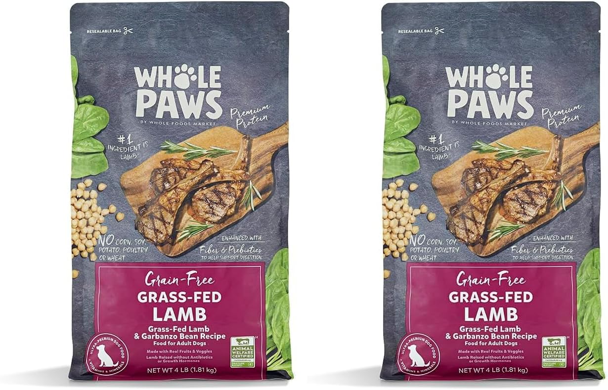 Whole Paws, Grain-Free Dry Adult Dog Food, Grass-Fed Lamb & Garbanzo Bean Recipe, 4 lb (Pack of 2)